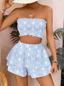 SHEIN VCAY Summer Floral Print Ruched Strapless Top And Elastic Waist Skirt - Blue and White - View 1