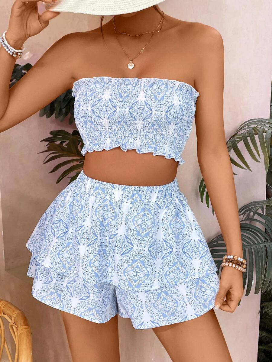 SHEIN VCAY Summer Floral Print Ruched Strapless Top And Elastic Waist Skirt - Blue and White - View 1
