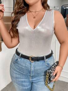 Celure Kích thước lớn Của phụ nữ Cổ chữ V Không tay Áo liền quần chặt - Bạc - Xem 1