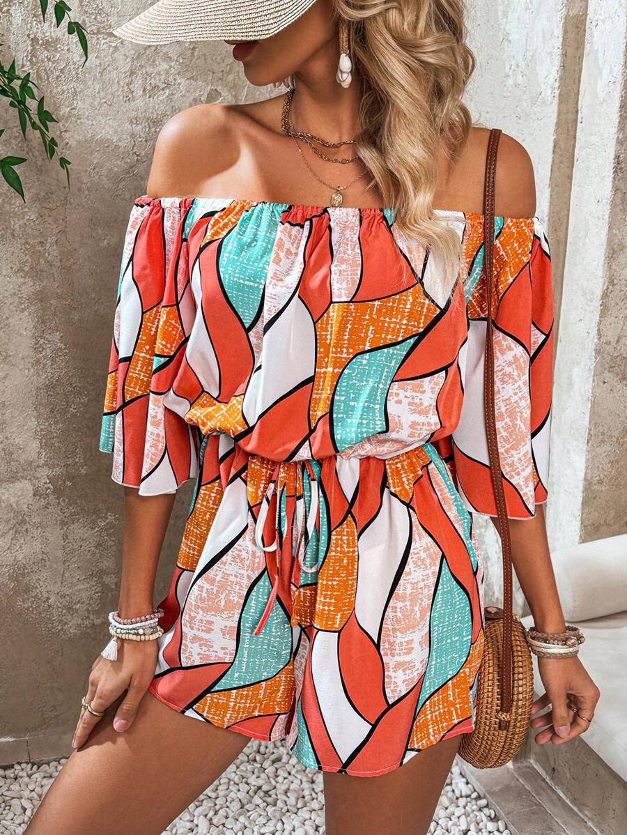 Breezaya Women's Holiday Geometric Printed Off Shoulder Flared Sleeve Romper - Multicolor - View 1