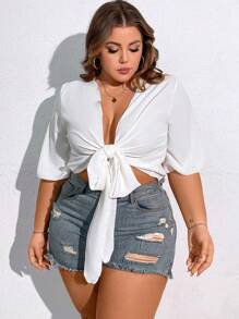 SHEIN CURVE+ 大尺碼純色束腰短款和服外套 - 白色 - 查看 4