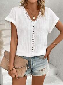 SHEIN LUNE V-Neck Lace Patchwork Batwing Sleeve T-Shirt - White - View 1