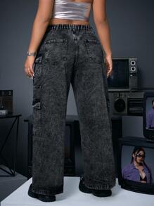SHEIN ICON Plus Size Women's Cargo Boyfriend Jeans - Black - View 2