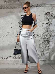 SHEIN Essnce Của phụ nữ Sáng bóng Da giả Mặt trước Giải trí Váy - Bạc - Xem 3