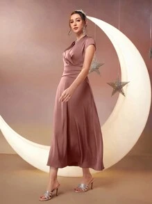 Modelyn 女式v領阿拉伯風格褶皺長裙 - 粉色 - 查看 7