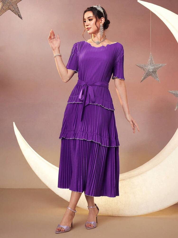 Women's Color Block Pleated Dress With Contrast Trim Long Evening Dresses