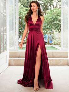 MUXXN 1950年代复古V领露背缎面鸡尾酒礼服，正式舞会礼服，婚礼宾客礼服，春季优雅晚宴礼服 - 紅色 - 查看 4