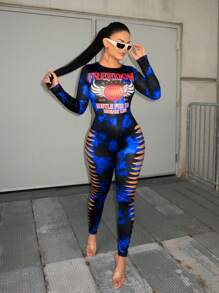 SHEIN SXY Tie Dye In Chi Tiết Cutout Bộ Jumpsuit Skinny Với Thiết Kế Bên Chân Quần Áo Bóng Rổ 
Quần Áo Nữ Xuân Hè Gợi Cảm Unitards - Màu xanh lam - Xem 4