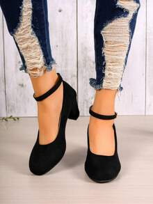 女性圓頭踝帶高跟鞋,時尚百搭 - 黑色 - 查看 6