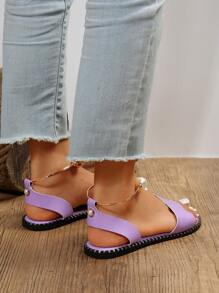 Dép đế bằng trơn màu trơn đơn giản dành cho nữ mùa hè mới có chi tiết khóa ngọc trai giả kim loại và phong cách tươi mới cho ngày lễ tình nhân - Màu tím - Xem 7