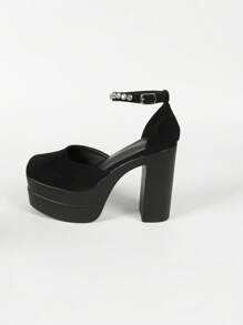 女士高跟鞋2024新款派对度假网红款粗跟双防水台镂空水钻简约玛丽珍黑色时尚百搭女士单带拖鞋，外向网红女士时尚沙滩鞋防滑户外穿拖鞋低鞋面方头高跟厚防水台时尚女鞋 - 黑色 - 查看 5