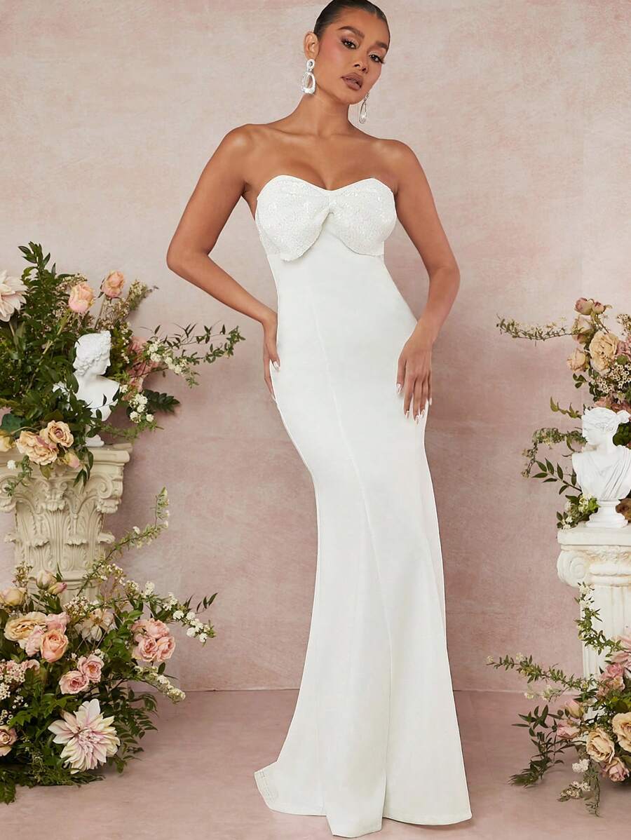 SHEIN Unity 亮片蝴蝶结筒形鱼尾下摆连衣裙 - 白色 - 查看 1