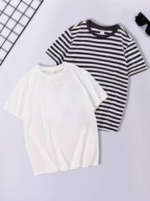 SHEIN Tween Boys' Loose Fit College Style Round Neck Short Sleeve T-Shirts, 2pcs/Set - Multicolor - View 1