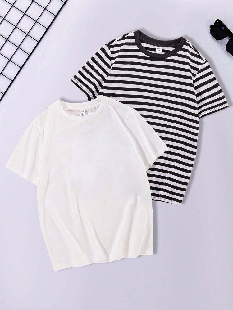 Tween Boys' Loose Fit College Style Round Neck Short Sleeve T-Shirts, 2pcs/Set