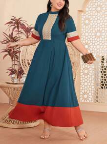 Mulvari Plus Size Women's Colorblock Stand Collar Short Sleeve Dress - Multicolor - View 1