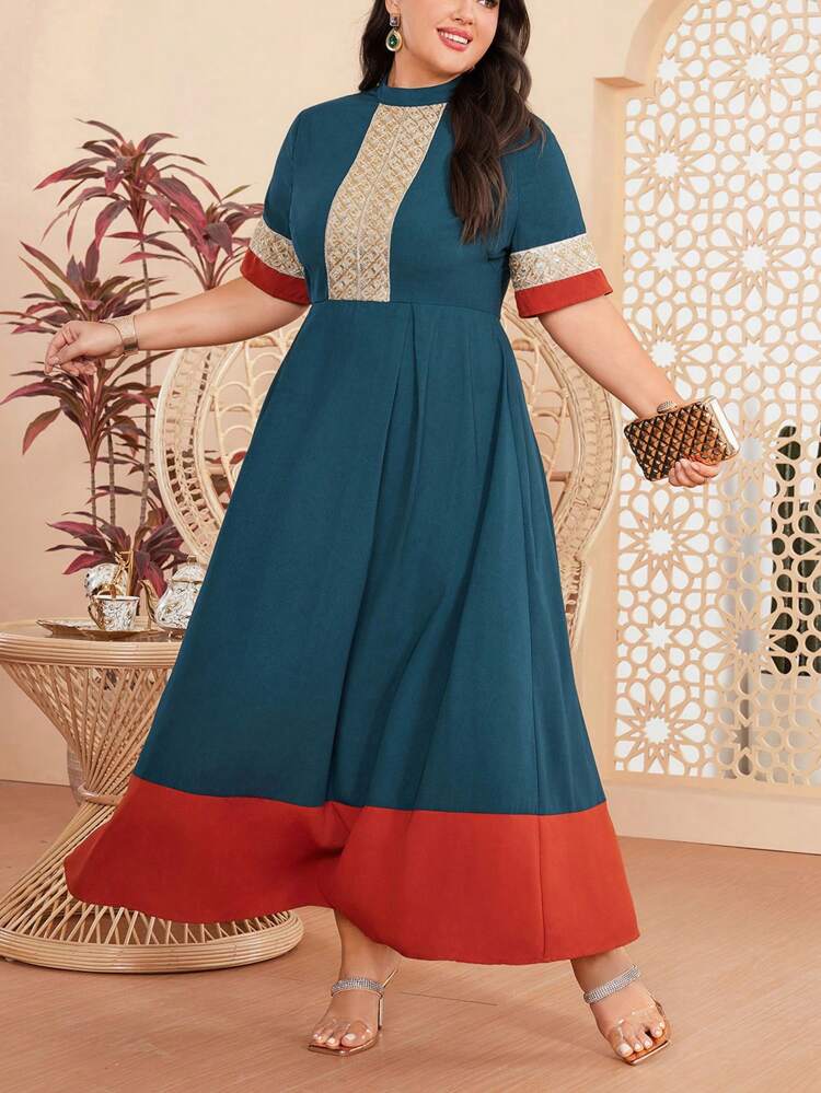 Plus Size Women's Colorblock Stand Collar Short Sleeve Dress