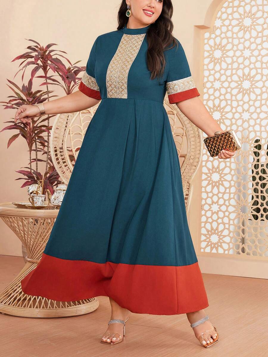 Mulvari Plus Size Women's Colorblock Stand Collar Short Sleeve Dress - Multicolor - View 1