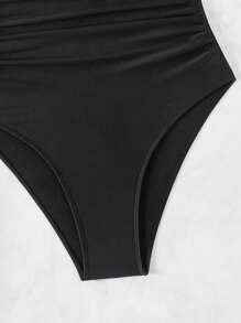 SHEIN Swim 女士純色襯褶連體泳衣,適用於夏季、海灘、假期、旅遊、節日、游泳池、衝浪 - 黑色 - 查看 7