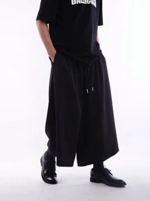 Chillumni 男士抽绳腰斜口袋裤 加大码长款褶皱男式纯黑色 秋季外出裤 - 黑色 - 查看 3