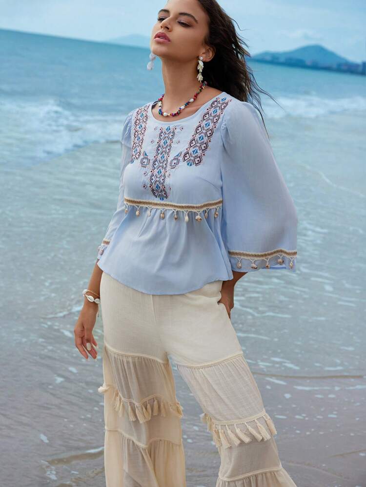Geometric Colorful Pattern Embroidered Shell Tassel Blouse