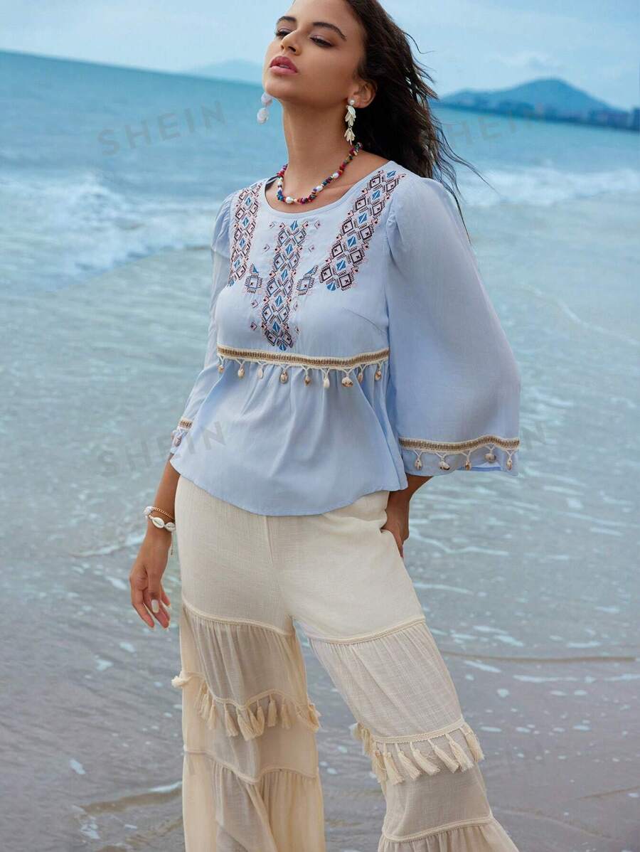 Anewsta Blusa con bordado de patrón geométrico colorido y borlas de concha - Azul - Ver 1