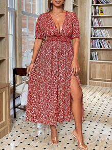 Breezaya 大码女式花卉印花裹腰高开叉短袖连衣裙新年衣服长款女装 - 紅色 - 查看 4