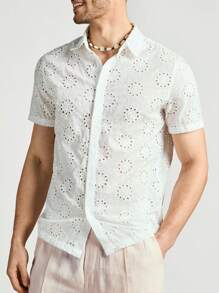 Manfinity Homme Men's White Hollow Out Embroidered Casual Shirt For Spring, Summer - Multicolor - View 5