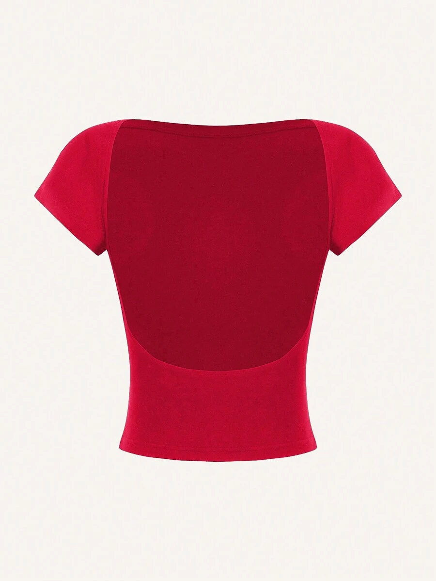 SHEIN MOD Áo thun nữ hở vai tay ngắn hở lưng đa năng thoải mái, phù hợp cho mùa hè - Đỏ - Xem 1