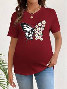 SHEIN 孕婦花蝴蝶印花常規肩短袖t恤 - 酒紅色 - 查看 4