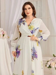 Plus Size Women's Floral Print Shirred Evening Cocktail Dress - White - View 3