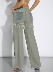 Denimoi Colorblock Wide Leg Pants With Frayed Hem And Pockets - Khaki - View 2