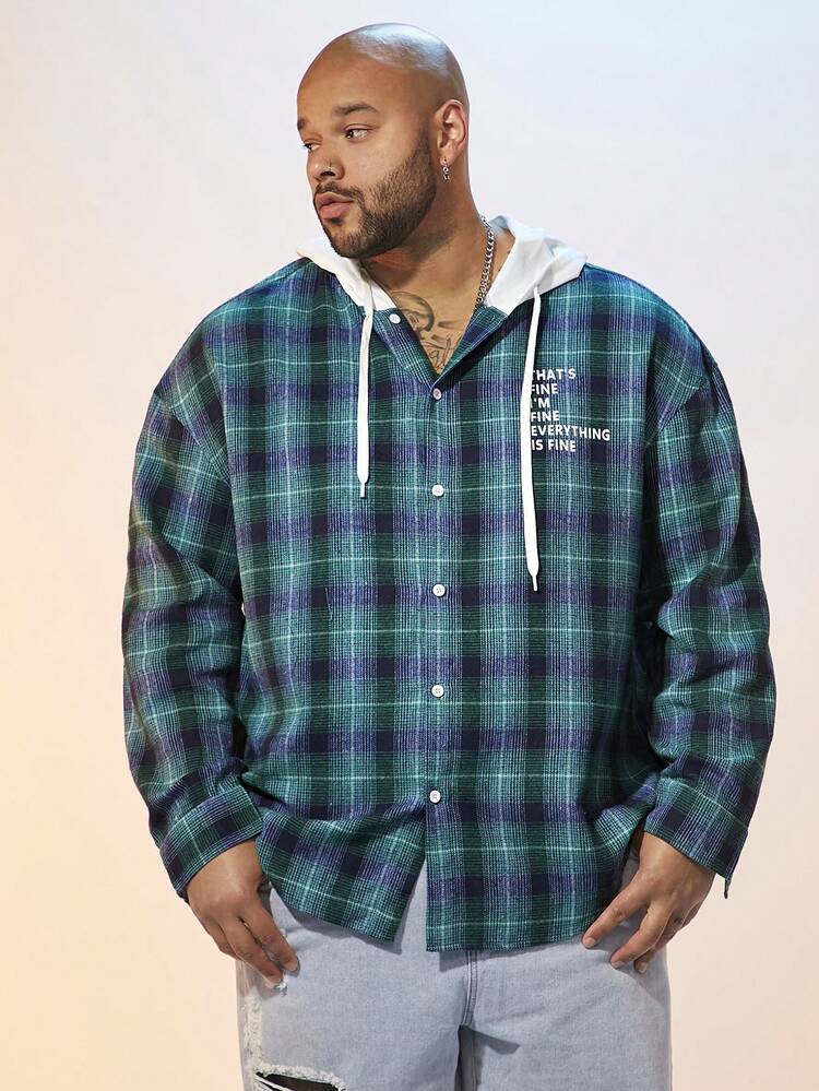 Men's Plus Size Plaid Slogan Print Color Block Drawstring Hooded Shirt