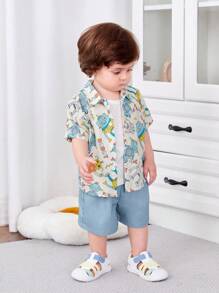 SHEIN Leap Crew Baby Boys' Cute Cartoon Robot Pattern Turn-Down Collar Short Sleeve Shirt And Casual Shorts Set - Multicolor - View 7