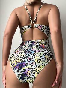 SHEIN Swim 女式豹紋淺灰色連肩泳衣 - 彩色 - 查看 2