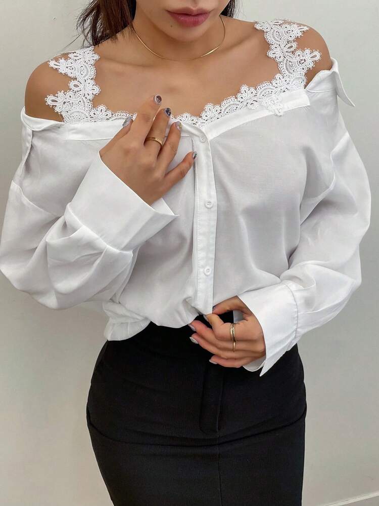 Long Sleeve Lace Panel Cold Shoulder Blouse,Fall Women Clothes