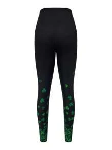 SHEIN LUNE Của phụ nữ Eo đàn hồi Cỏ ba lá Mẫu Xà cạp - màu đen - Xem 2