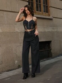 Zolique Top Cruzado Sólido De Cuello Halter Y Pantalones Rectos - Gris Oscuro - Ver 4