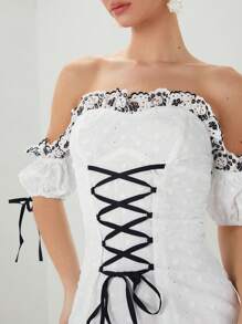 Enchnt Của phụ nữ Off-shoulder Ngắn tay Đầm Với Viền trang trí , Eo Buộc - trắng - Xem 5