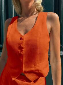 SHEIN Frenchy Của phụ nữ Màu thuần Áo vest Và Bộ quần short - Rỉ Nâu - Xem 6