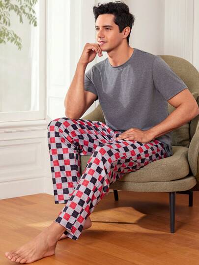 Men's Solid Color Top & Plaid Long Pants Home Clothes Set