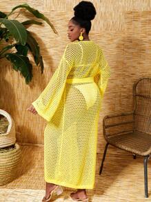 Slaydiva 1pc Knitted Vacation Cardigan With Holes Design - Yellow - View 4