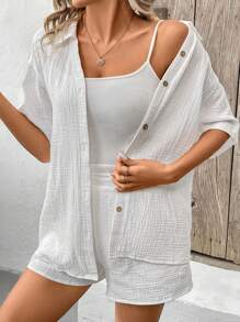 SHEIN Frenchy 女士纯色落肩短袖衬衫和短裤套装夏季两件套服装 - 白色 - 查看 7