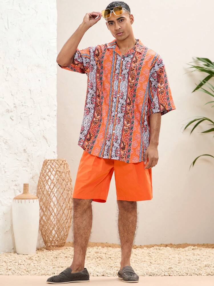 Men's Printed Button Front Woven Casual Shirt And Shorts 2pcs/Set