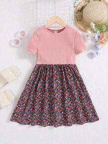 適合休閒穿著的青少女修身圓領拼接花卉壓榨裙 - 西瓜粉 - 查看 1