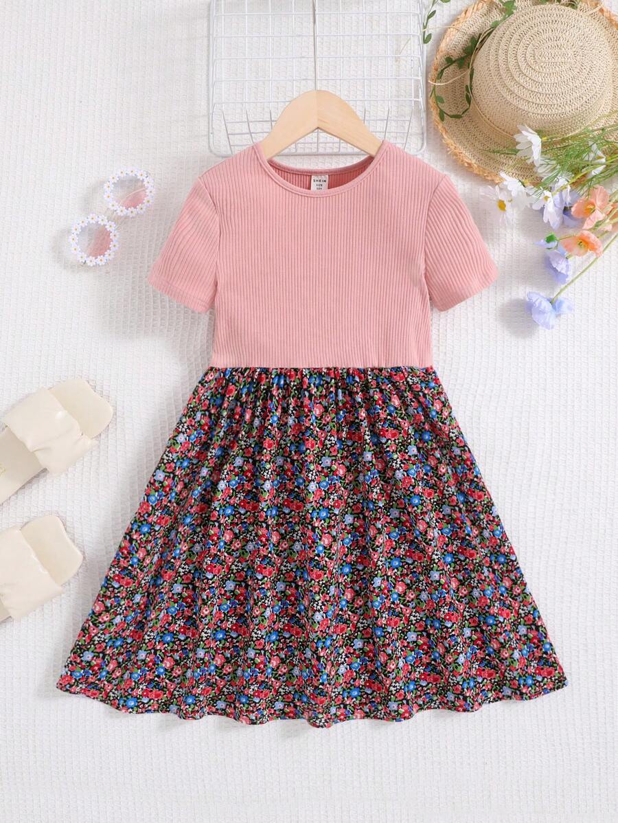 適合休閒穿著的青少女修身圓領拼接花卉壓榨裙 - 西瓜粉 - 查看 1