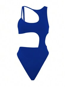 INAWLY Solid Color Hollow Out Slim Fit Bodysuit - Blue - View 4