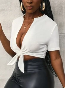 Slaydiva 2024 Women's Casual White Short Sleeve T-Shirt Bandage Cut-Out Top - White - View 4