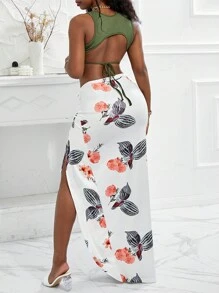 2 Pieces Drawstring Ruched Top & Floral Print High Slit Skirt Set For Daily Vacation - Multicolor - View 2