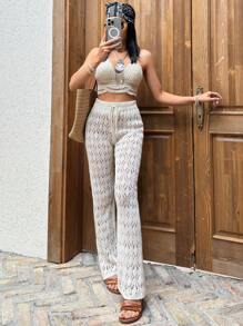 EURMUSE Drawstring Waist Hollow Out Cover Up Pants - Beige - View 4