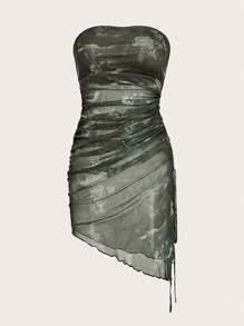 SHEIN ICON Women's Floral Mesh Ruched Strapless Dress - Olive Green - View 1